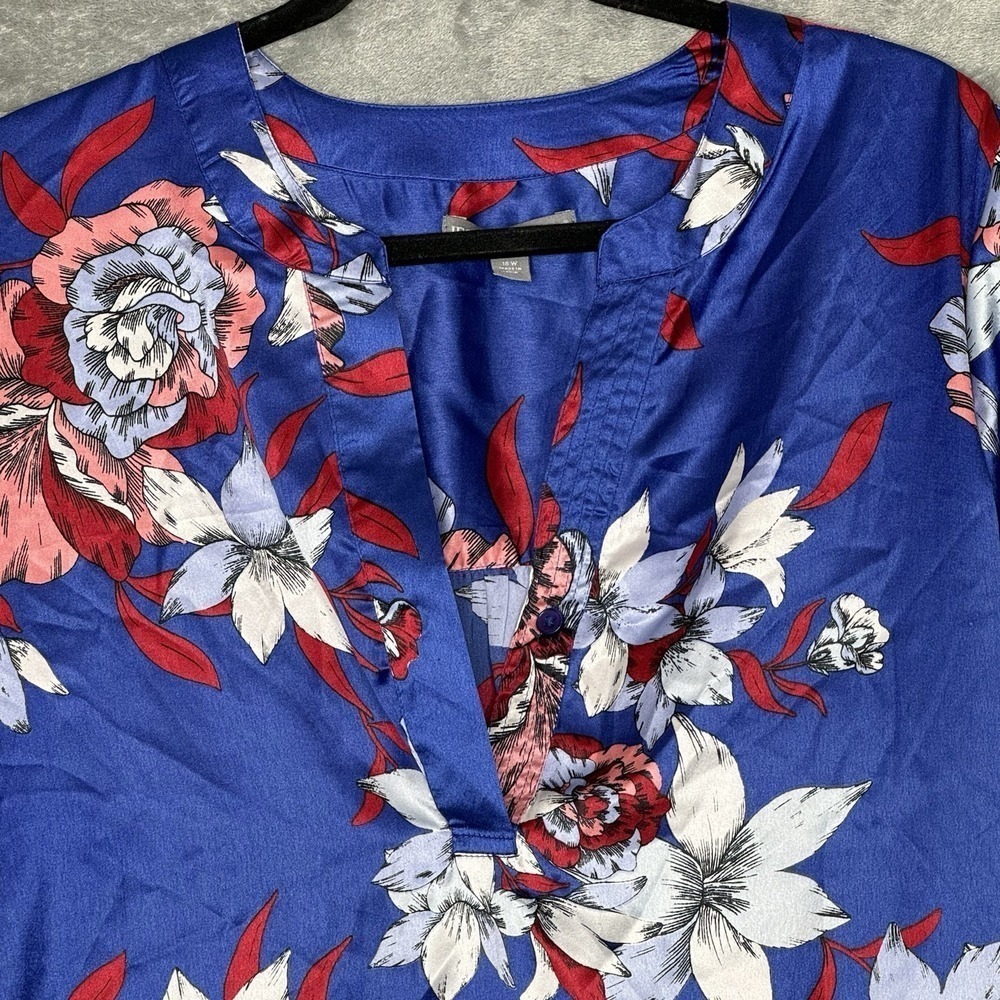 Jessica London 18W 2X Shirt Top Blue Floral Flower Long Sleeve V Neck Tunic - Picture 3 of 5